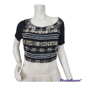 NWT Bebe Beaded Black Short Sleeve Crop Top Size 10